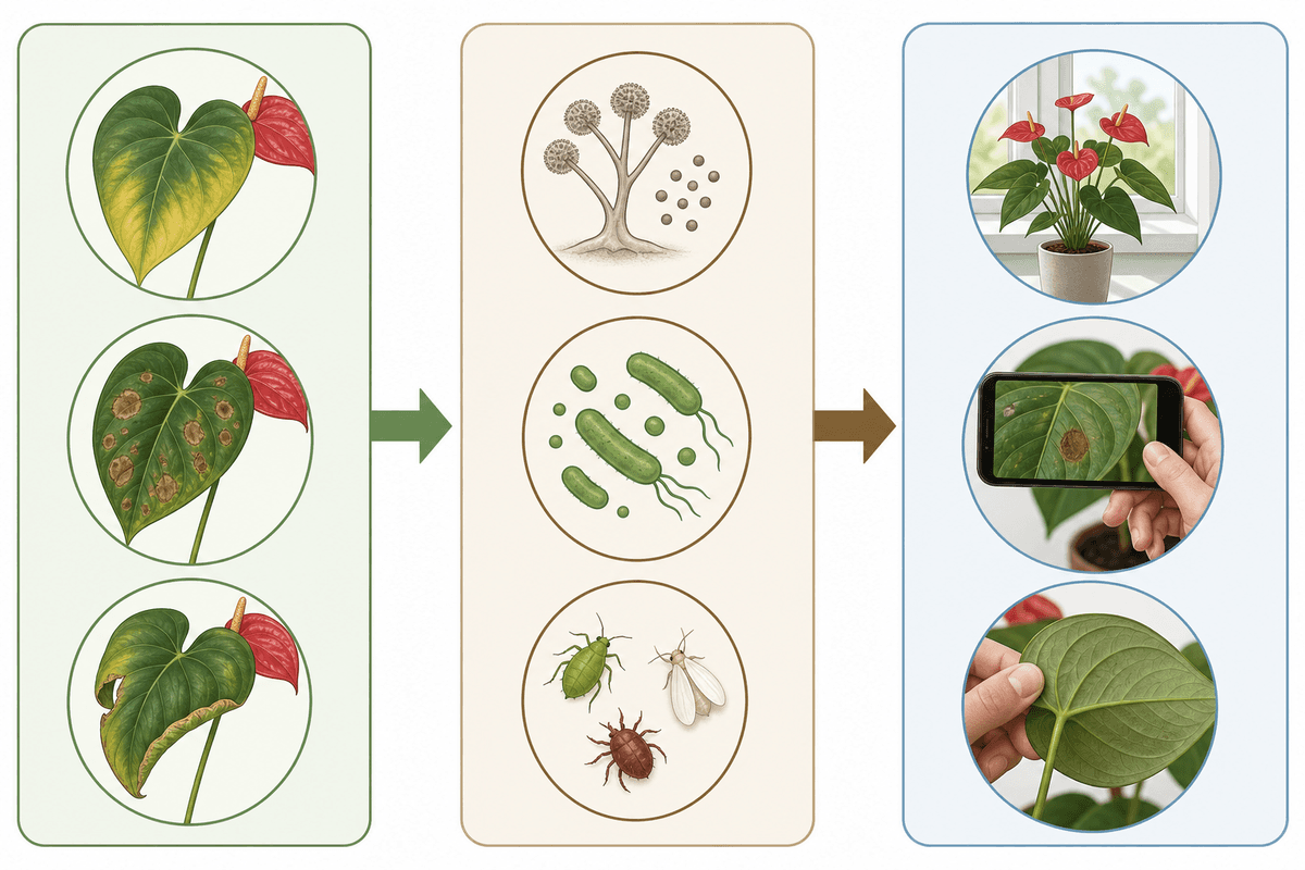 Photo diagnosis workflow schematic for anthurium symptoms.