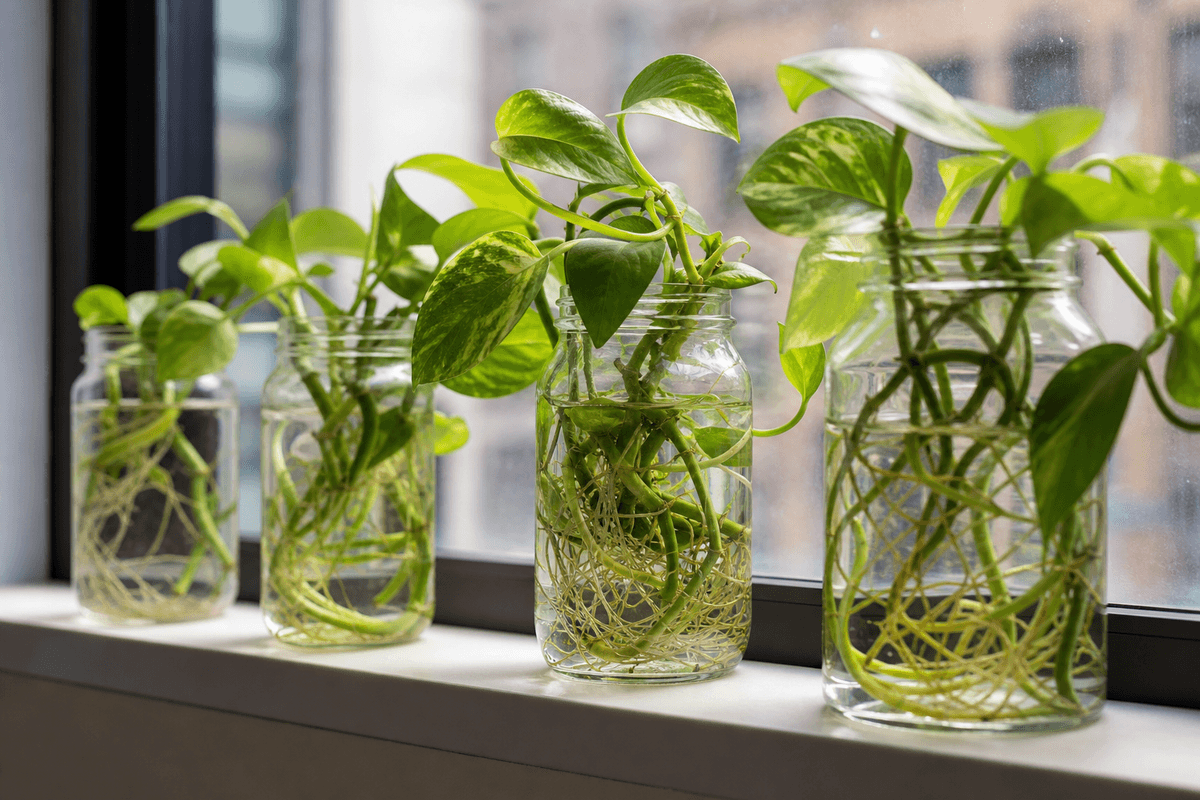 Étapes et progression du bouturage à l’eau.