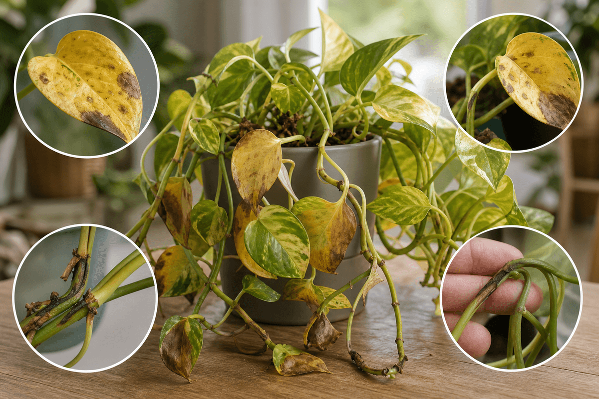 Pothos : feuilles jaunes, taches marron, tige molle : diagnostic
