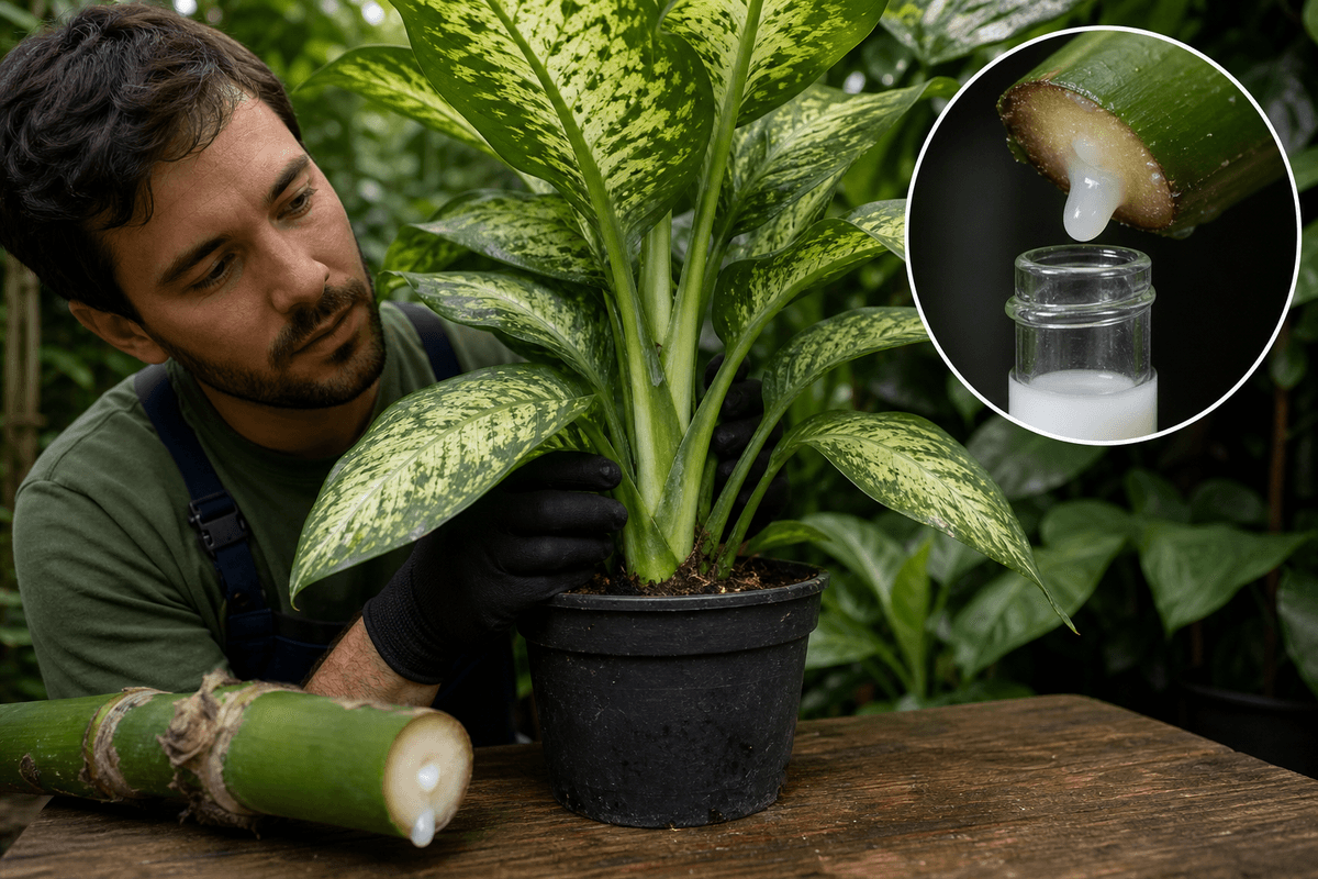 Contexte de manipulation et de contact avec le latex de Dieffenbachia (sans texte).