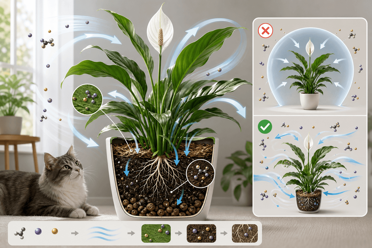 Diagram explaining the limits of the “plant dépolluante” myth with airflow/VOC-style concepts.