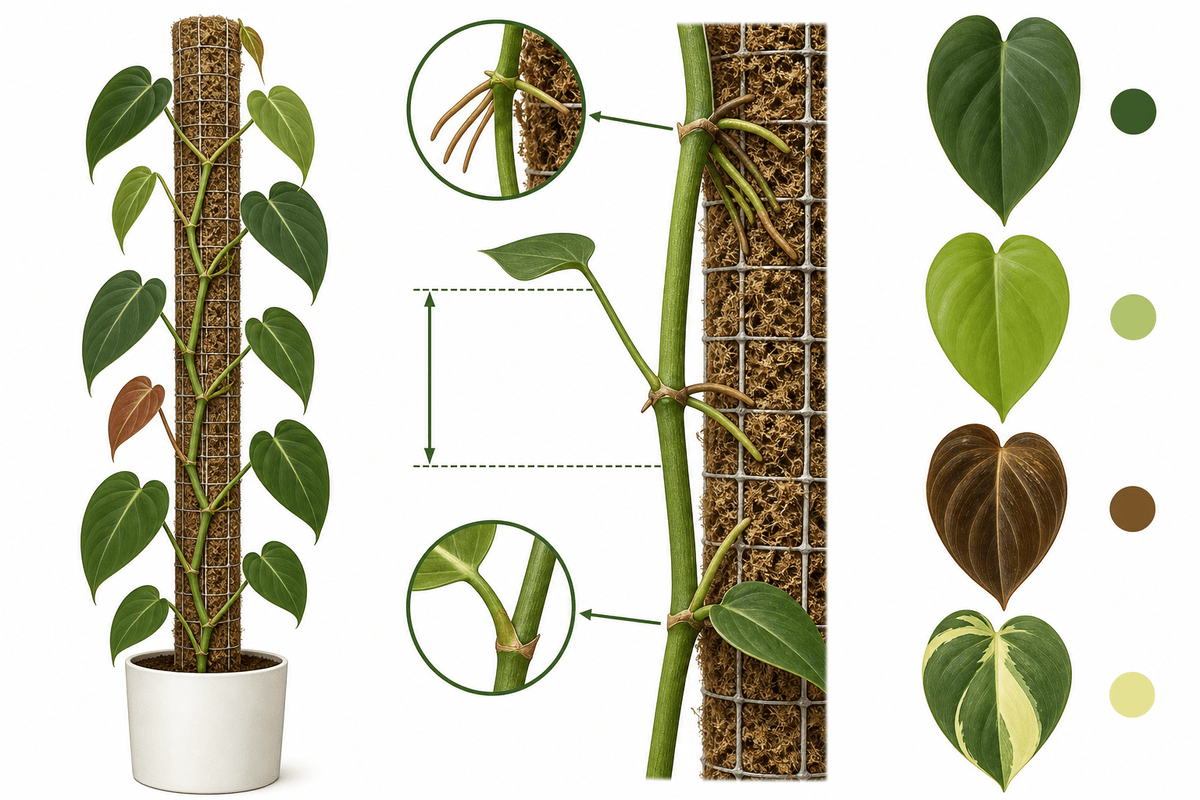 How climbing structure and aerial roots support philodendron grimpants growth.