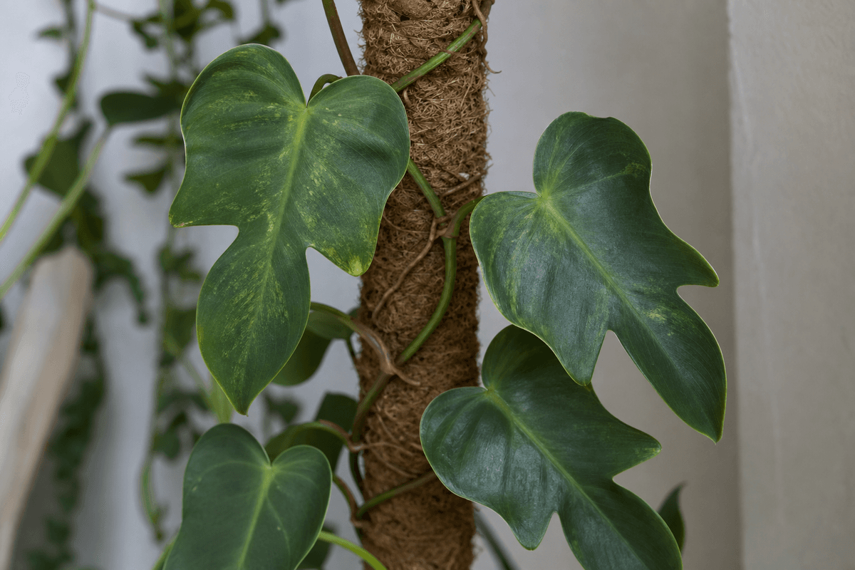 Climbing habit and leaf morphology of Philodendron hederaceum (with aerial roots on a moss pole).