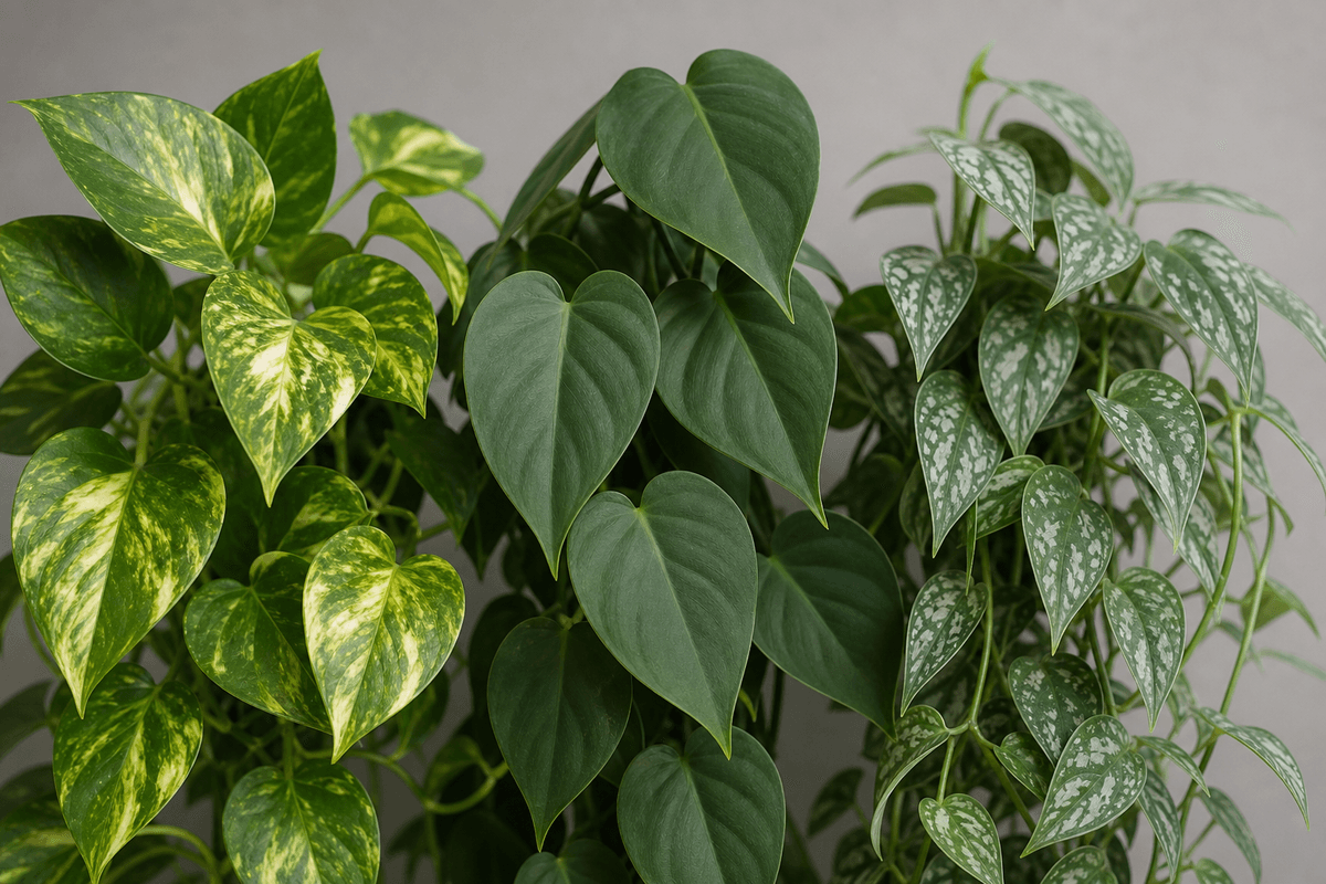 Three common aroid houseplants displayed side-by-side for visual comparison.
