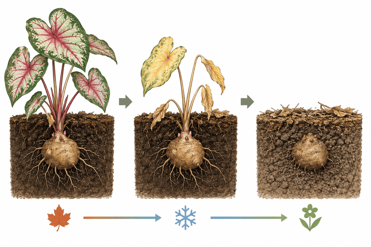 Lifecycle of Caladium: aerial growth fades, tuber persists through winter.