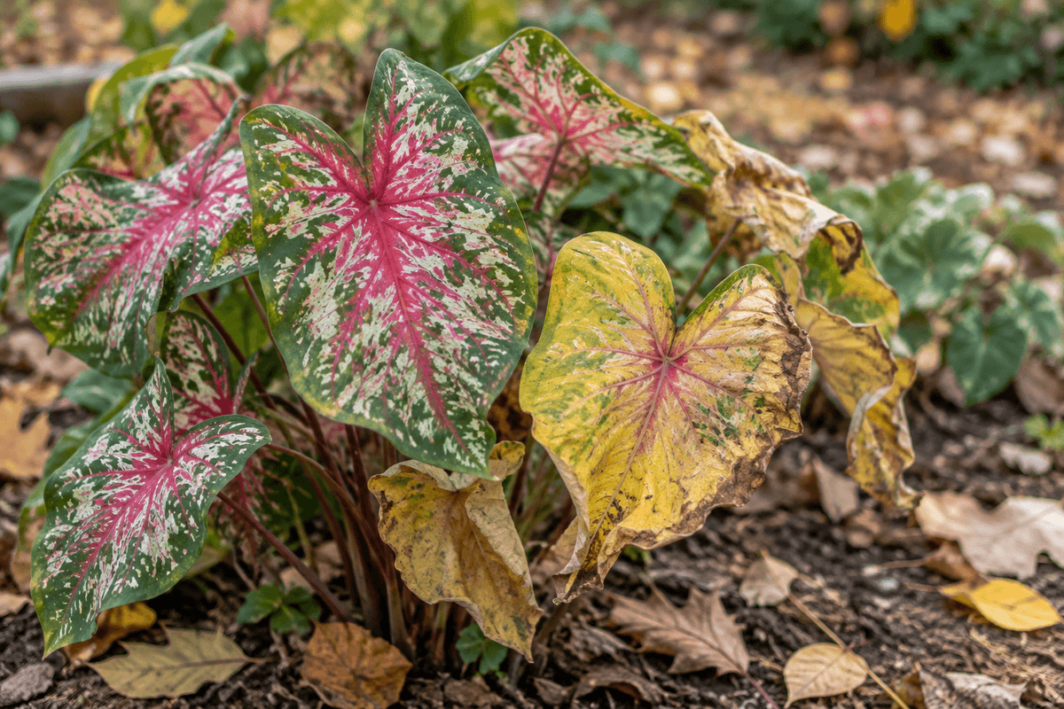 Caladium leaves approaching dormancy before winter.