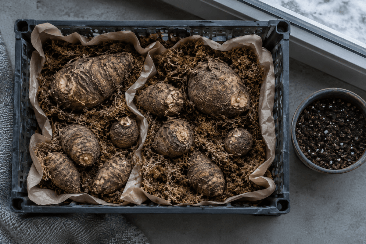 Caladium tubers resting during winter indoors.